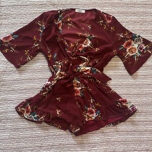Floral Romper in Burgundy with Self-Tie Waist